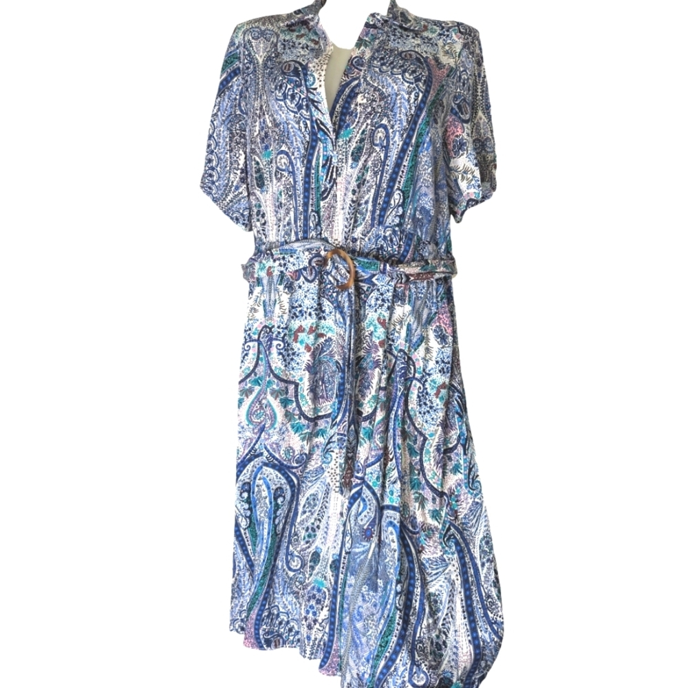 T Tahari Stripe Belted Shirt dress In Blue Paisley Print...Size 2X - Picture 2 of 7